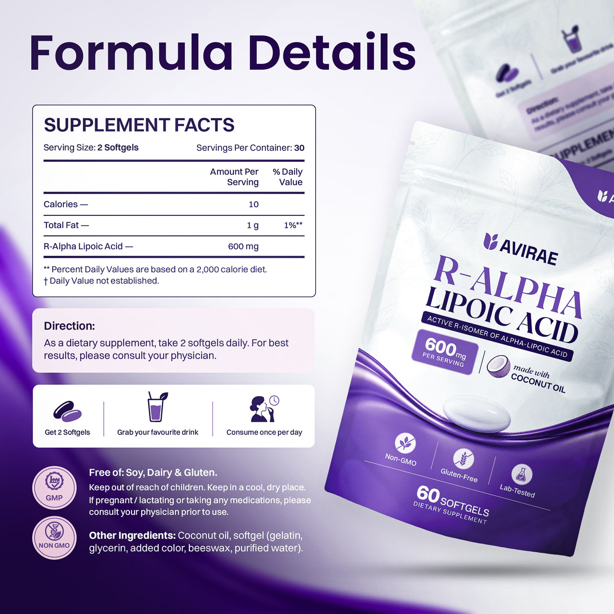 Avirae® R-Alpha Lipoic Acid 600mg with Coconut Oil